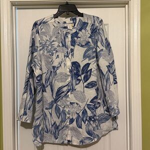 C&C California 100% Linen Blue Botanical Tunic 1X